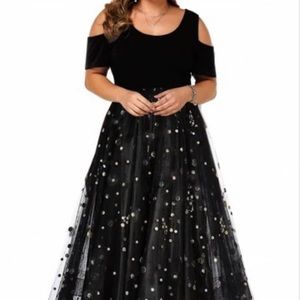Plus Size Cold Shoulder Sequin/Dot Mesh Dress Black
